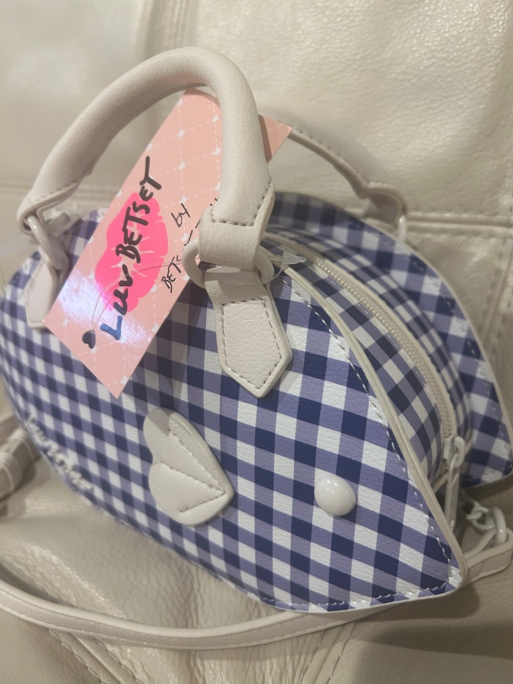 Betsey Johnson Blue Gingham Fish Crossbody with Cream Trim NWT - Picture 3 of 5